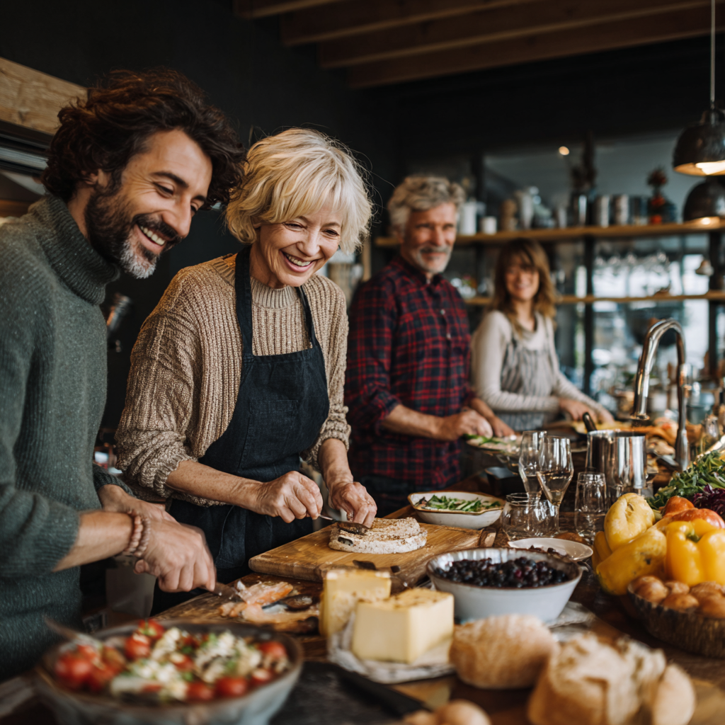 Cheerful Ukrainian elderly adults and middle-aged people using kitchen tools and reading nutrition guides while preparing healthy meals